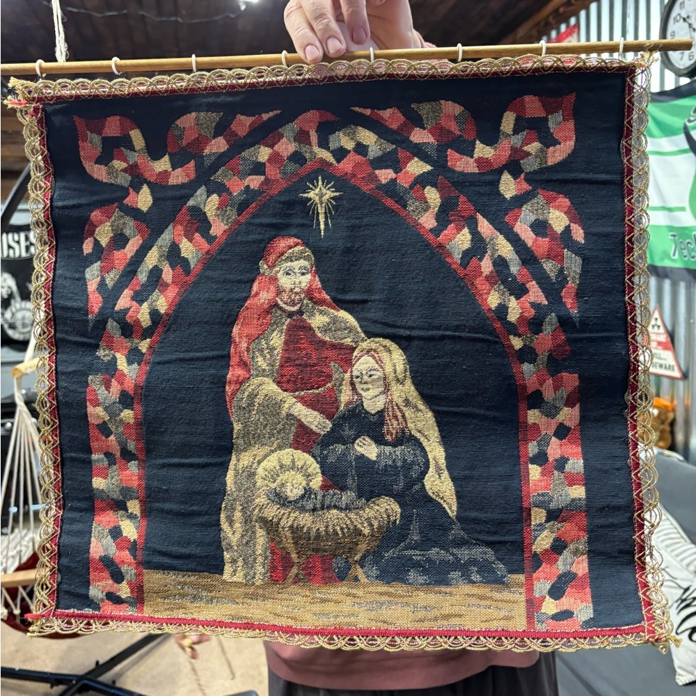 Elegant Holiday Nativity Tapestry - Red, Black, and Gold